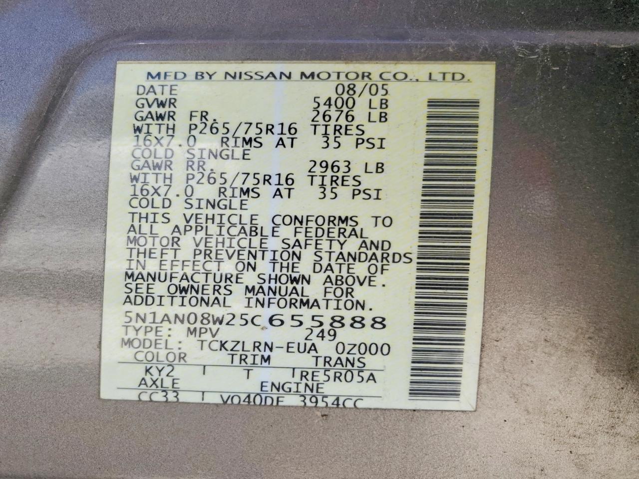 2005 Nissan Xterra S Green vin: 5N1AN08W25C655888