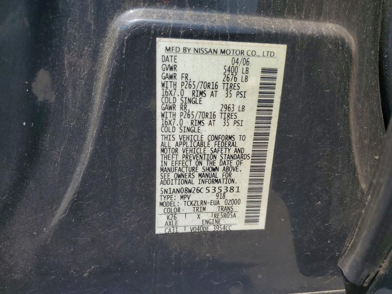 2006 Nissan Xterra X Gray vin: 5N1AN08W26C535381