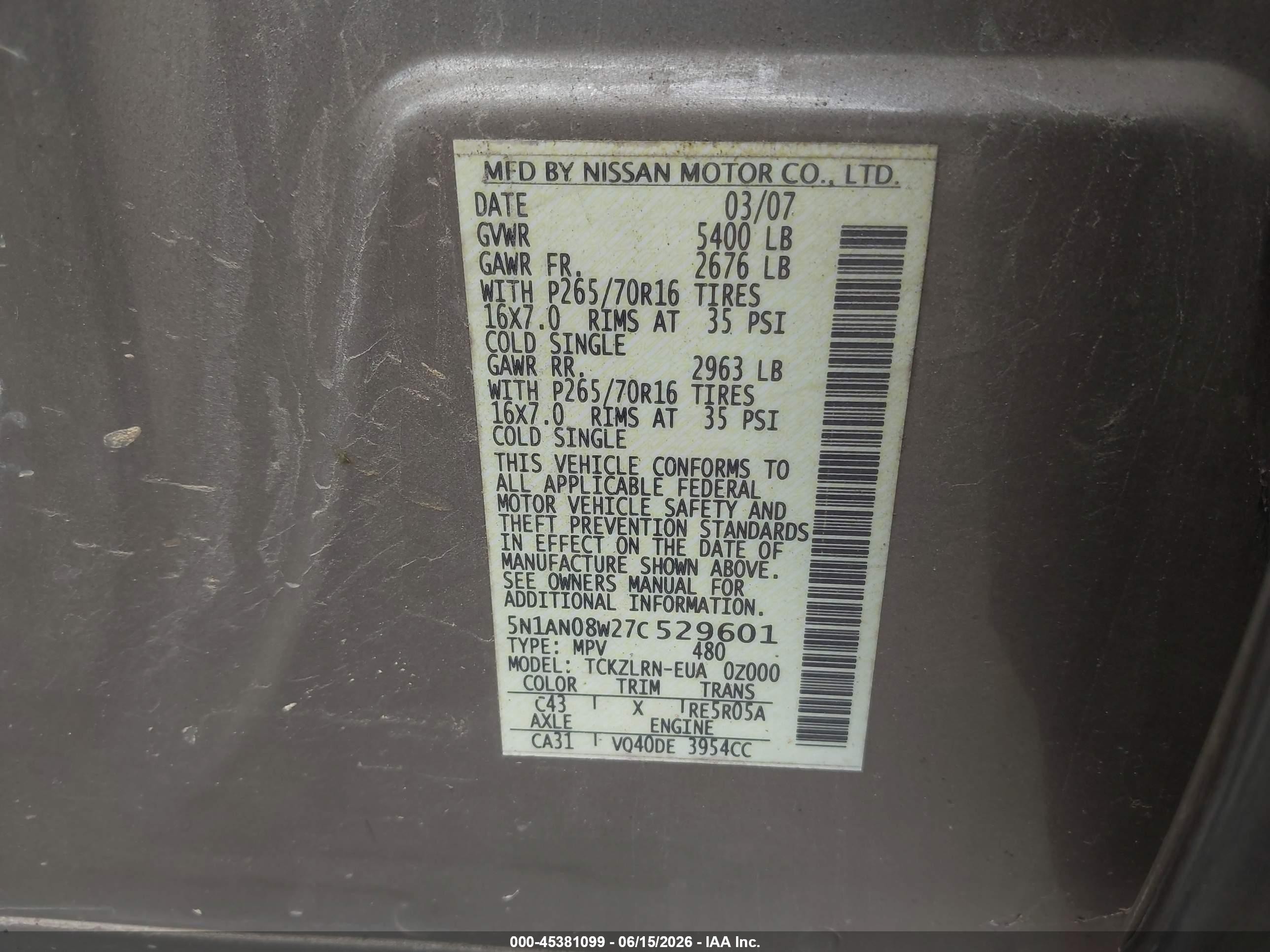 2007 Nissan Xterra S Champagne vin: 5N1AN08W27C529601