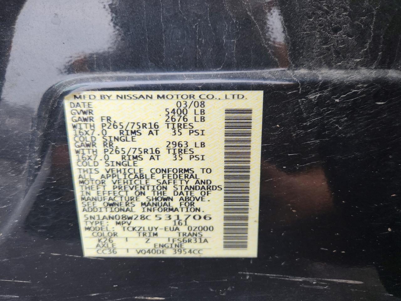 2008 Nissan Xterra X Black vin: 5N1AN08W28C531706