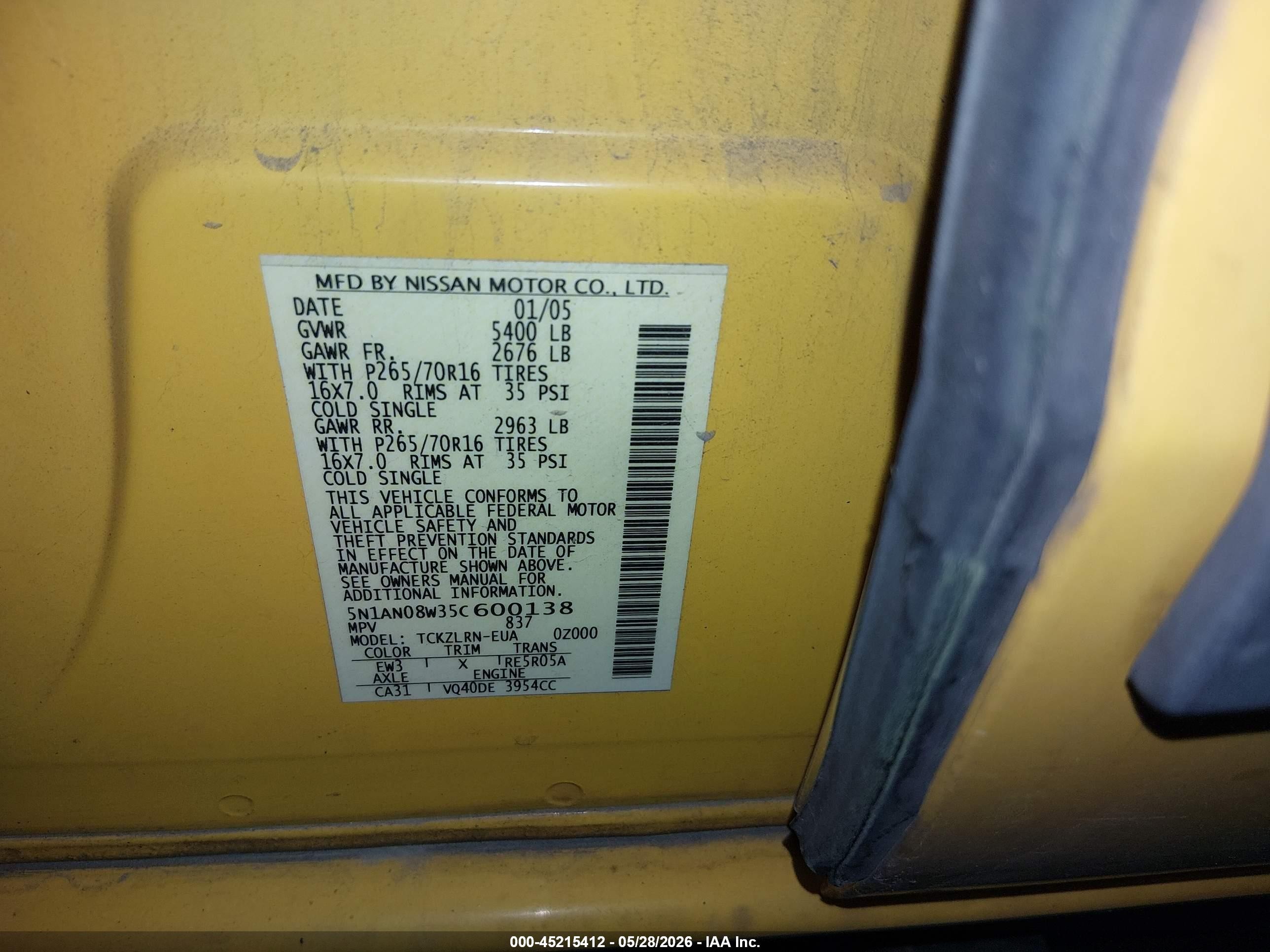 2005 Nissan Xterra S Yellow vin: 5N1AN08W35C600138