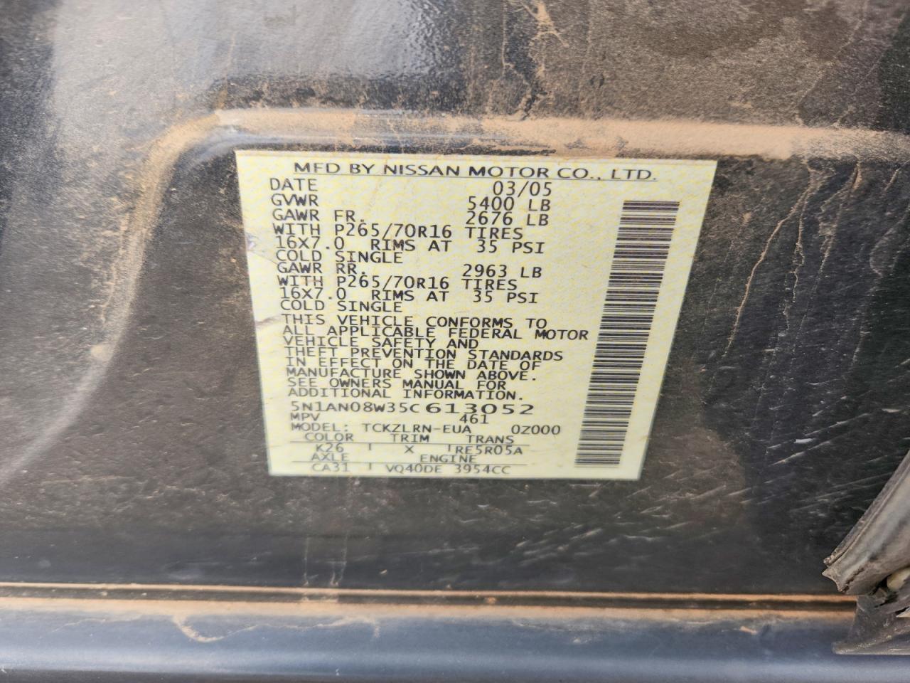 2005 Nissan Xterra S Gray vin: 5N1AN08W35C613052