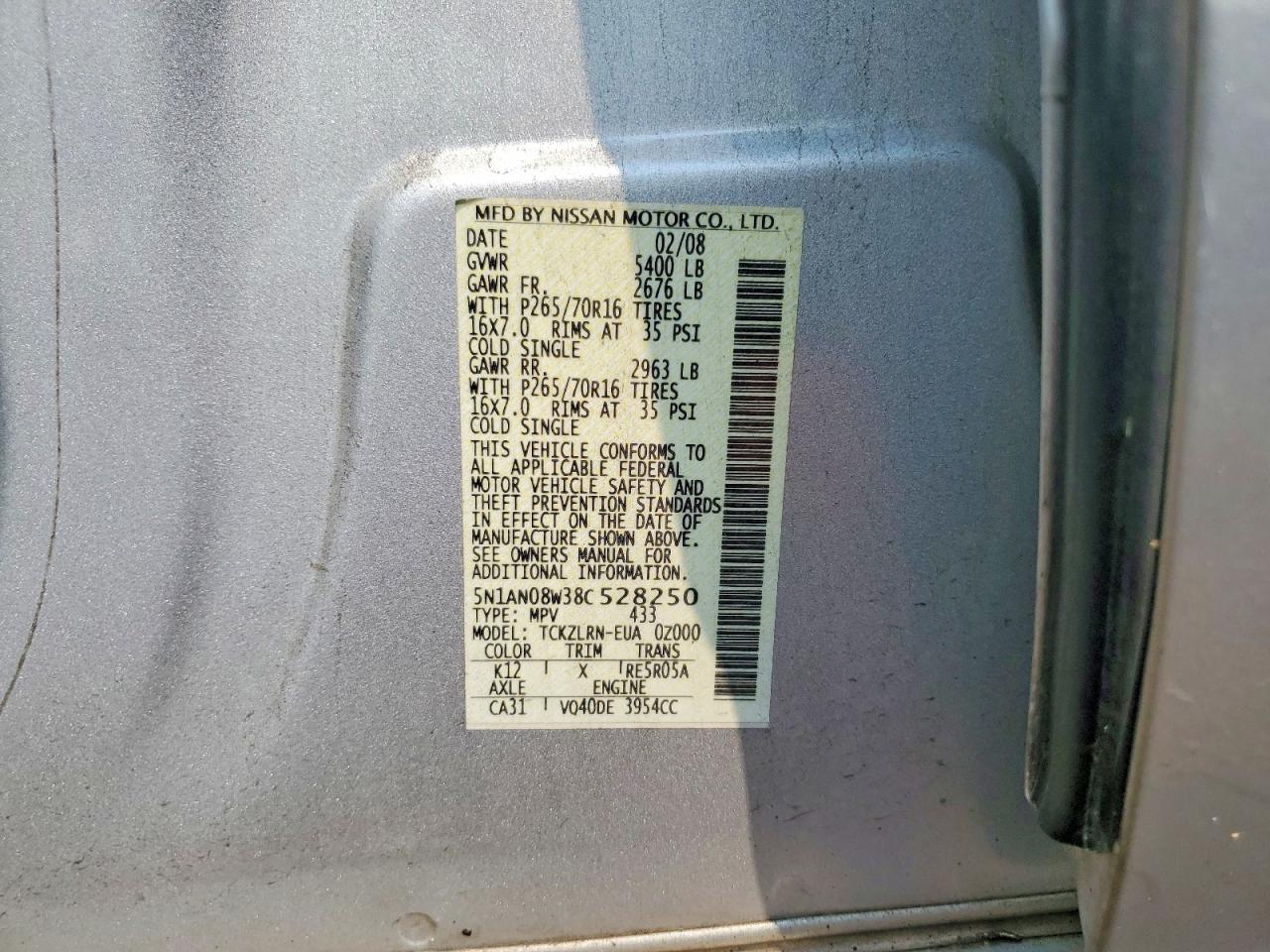 2008 Nissan Xterra Off Road Silver vin: 5N1AN08W38C528250