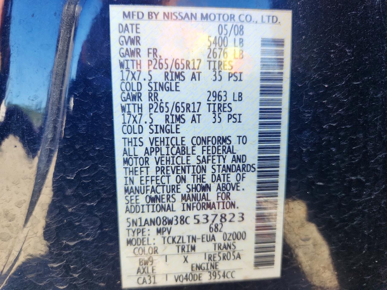 2008 Nissan Xterra X Blue vin: 5N1AN08W38C537823