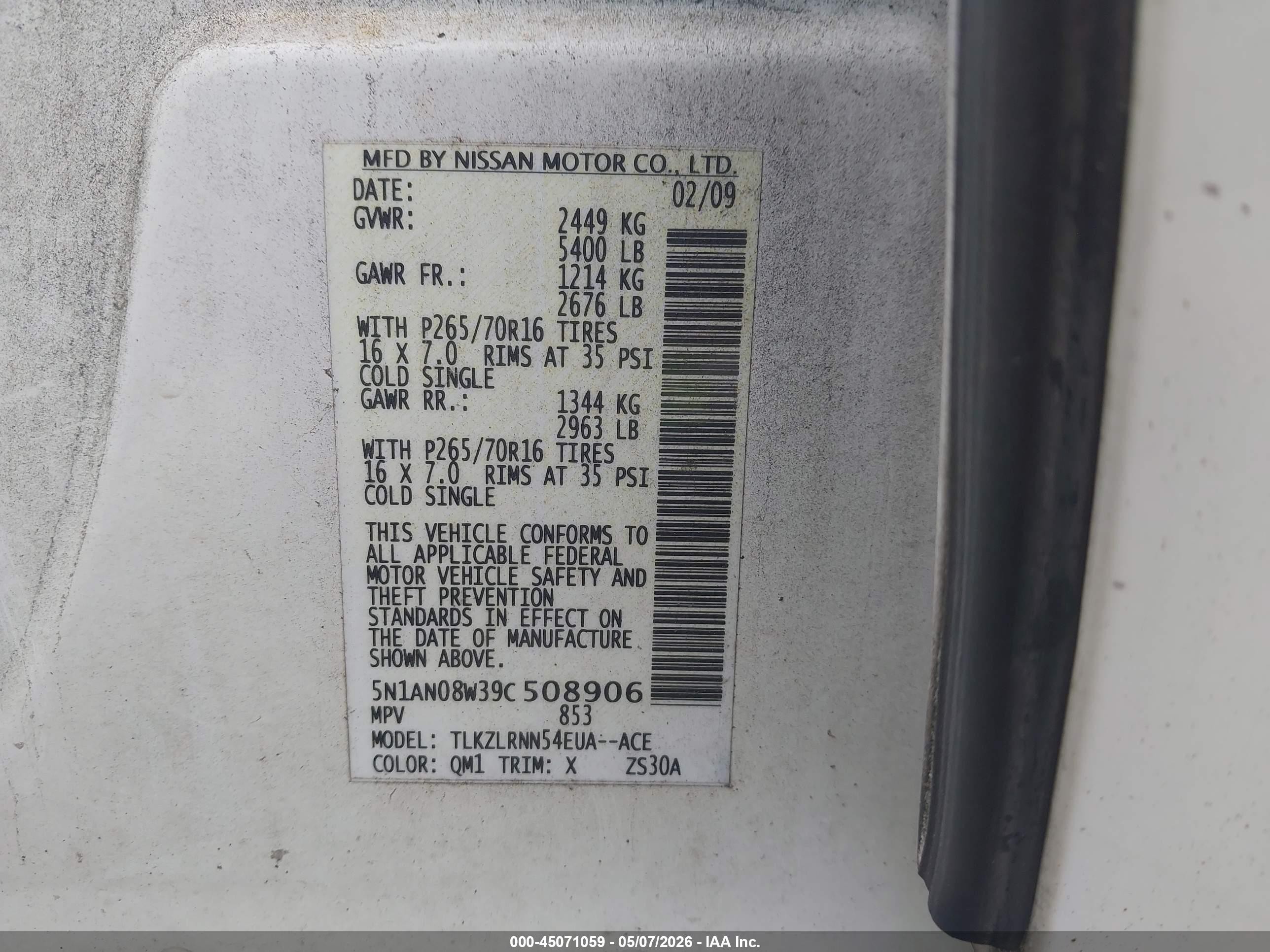 2009 Nissan Xterra S White vin: 5N1AN08W39C508906