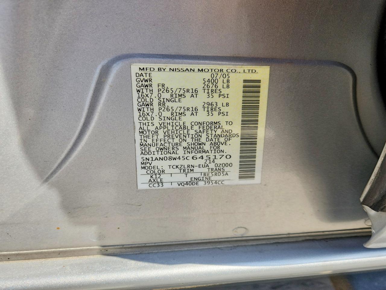 2005 Nissan Xterra S Silver vin: 5N1AN08W45C645170