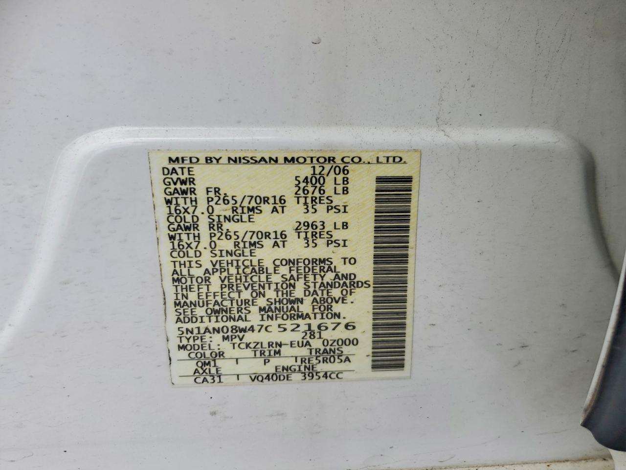 2007 Nissan Xterra X White vin: 5N1AN08W47C521676