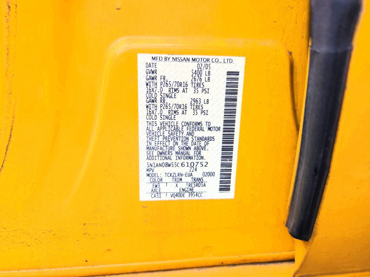 2005 Nissan Xterra S Yellow vin: 5N1AN08W55C610752
