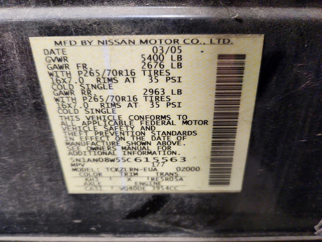 2005 Nissan Xterra S Black vin: 5N1AN08W55C615563
