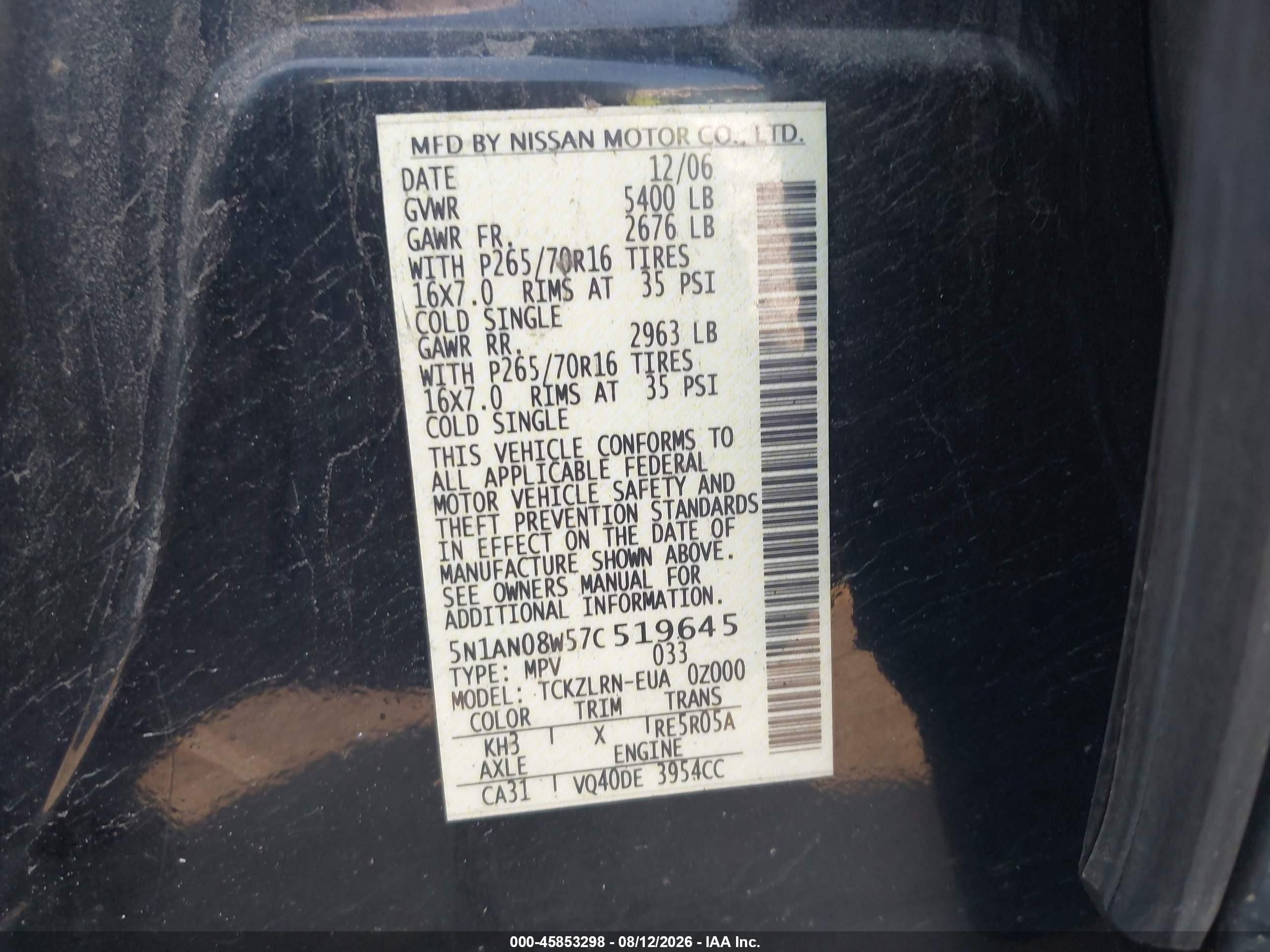 2007 Nissan Xterra S Black vin: 5N1AN08W57C519645