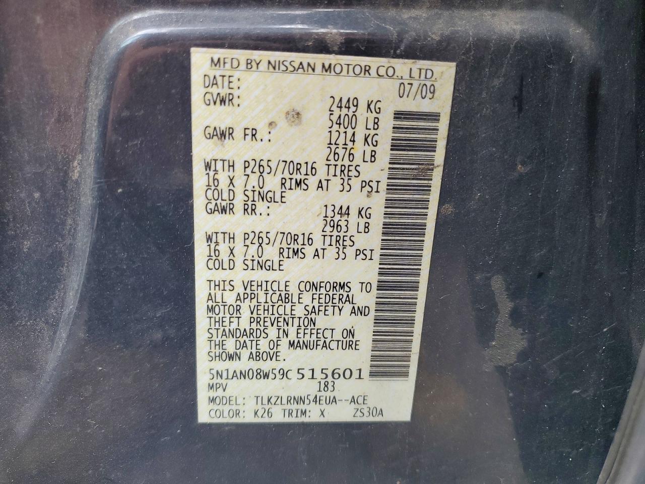 2009 Nissan Xterra X Gray vin: 5N1AN08W59C515601
