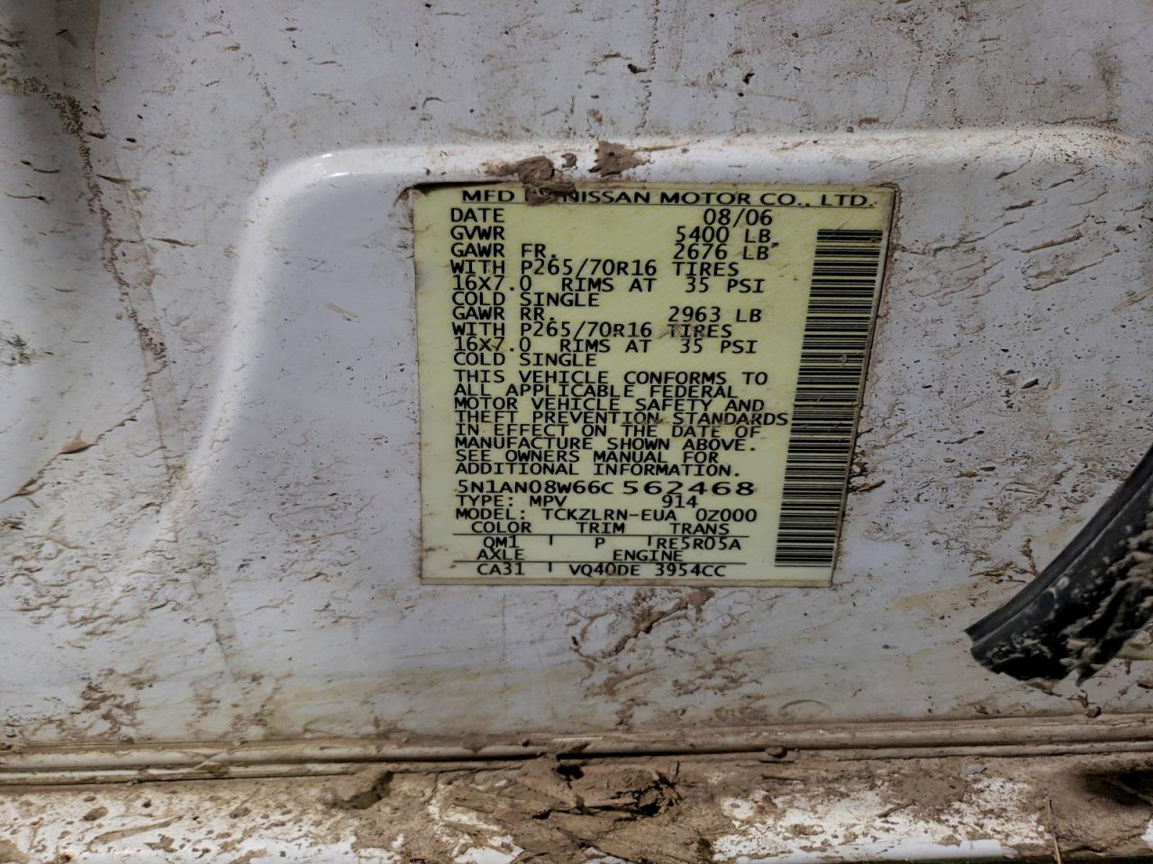 2006 Nissan Xterra Off Road White vin: 5N1AN08W66C562468