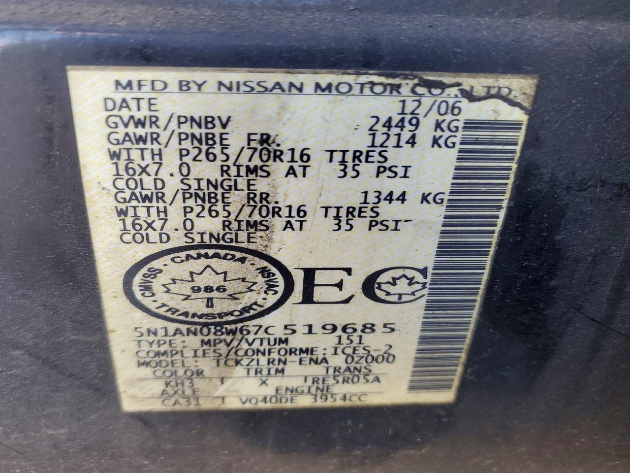 2007 Nissan Xterra X Black vin: 5N1AN08W67C519685