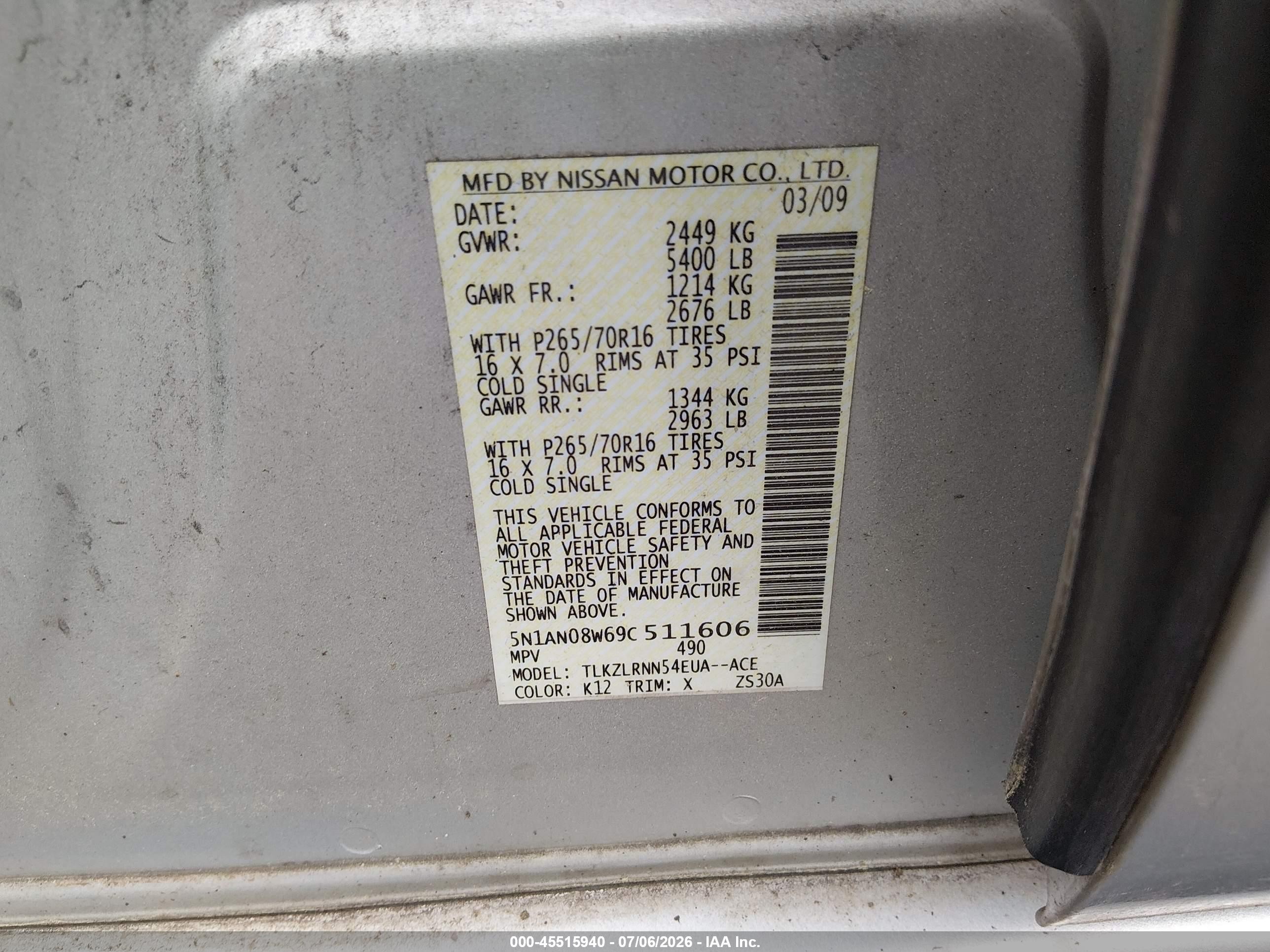 2009 Nissan Xterra S Silver vin: 5N1AN08W69C511606