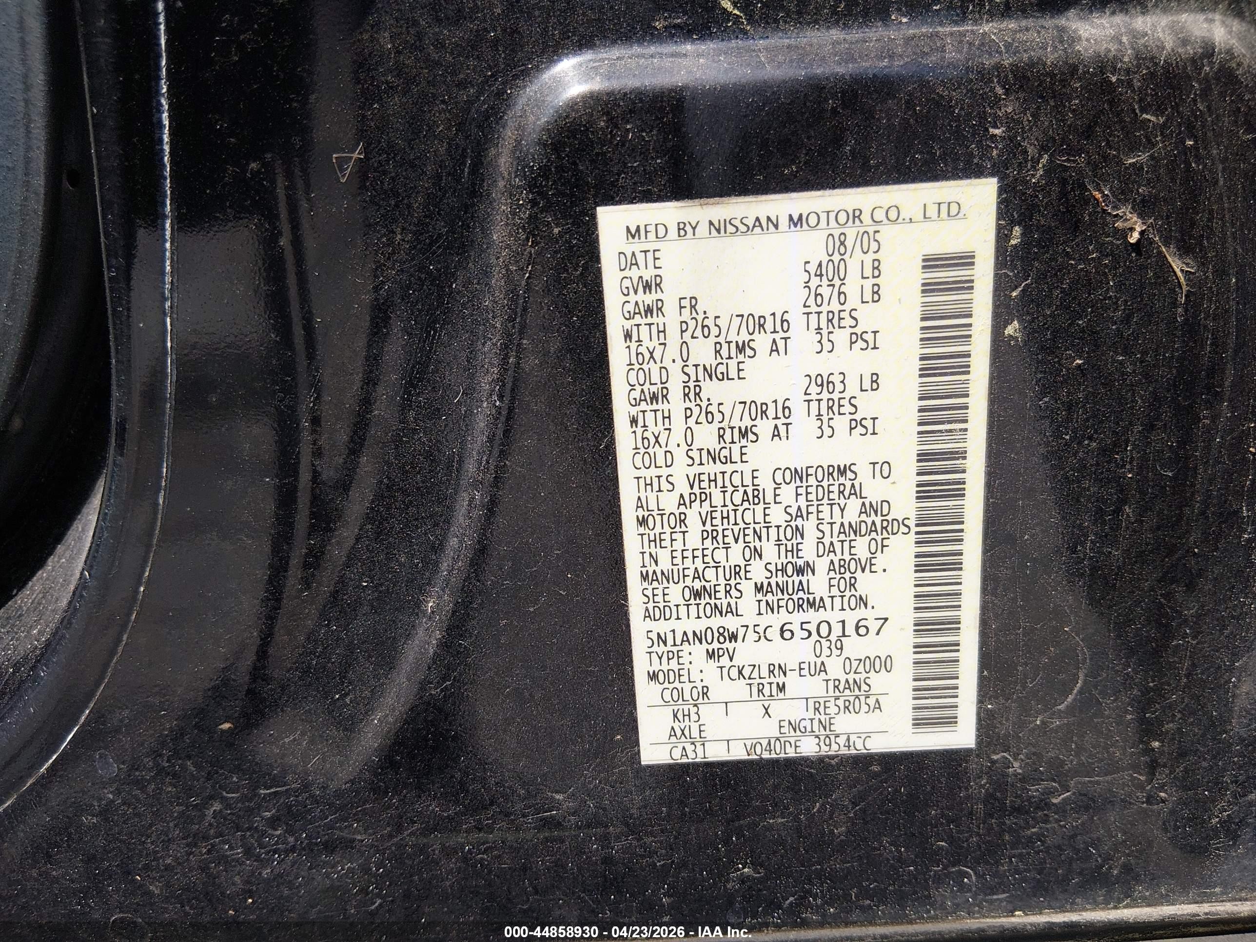 2005 Nissan Xterra S Black vin: 5N1AN08W75C650167