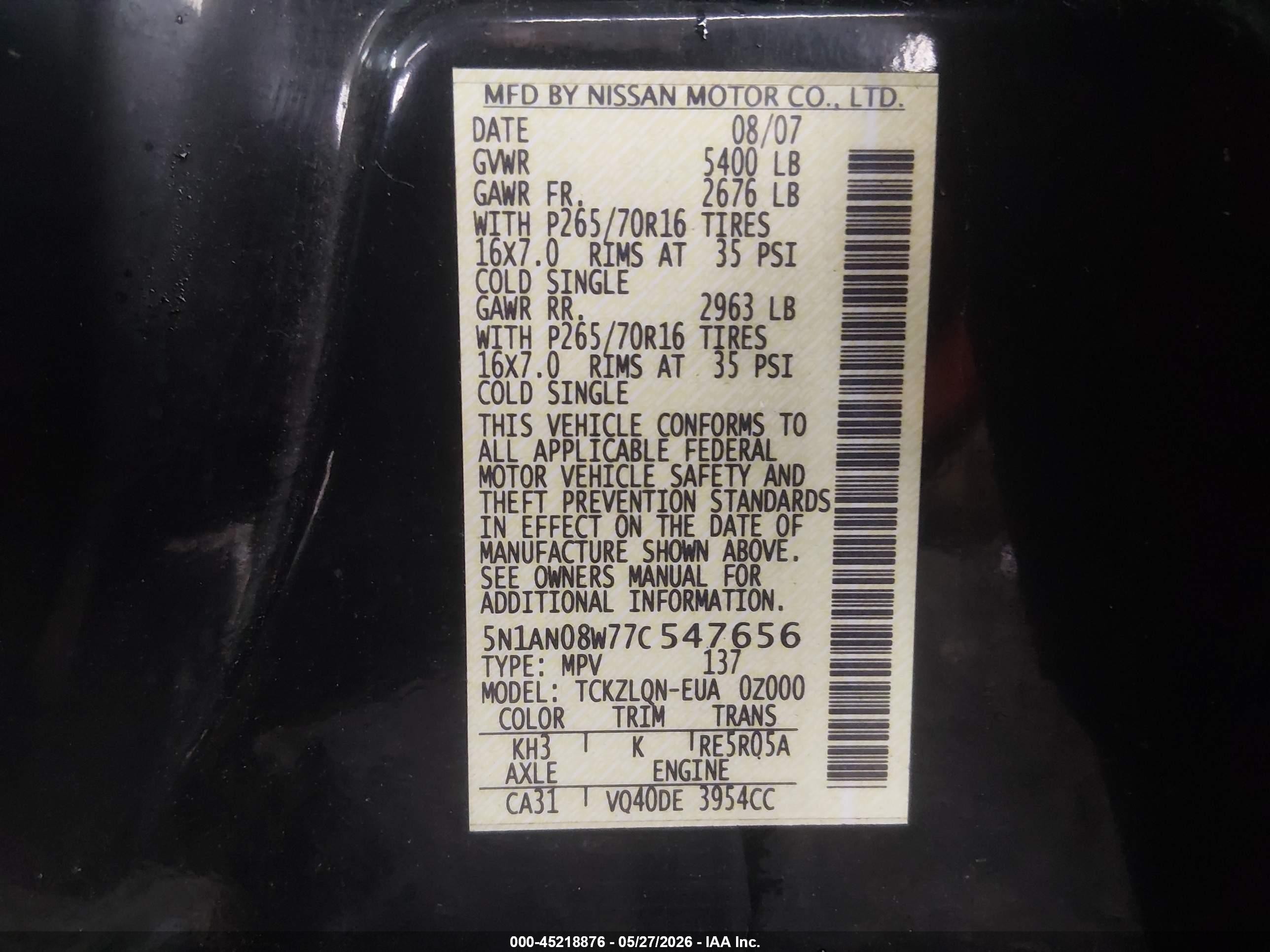 2007 Nissan Xterra X Black vin: 5N1AN08W77C547656
