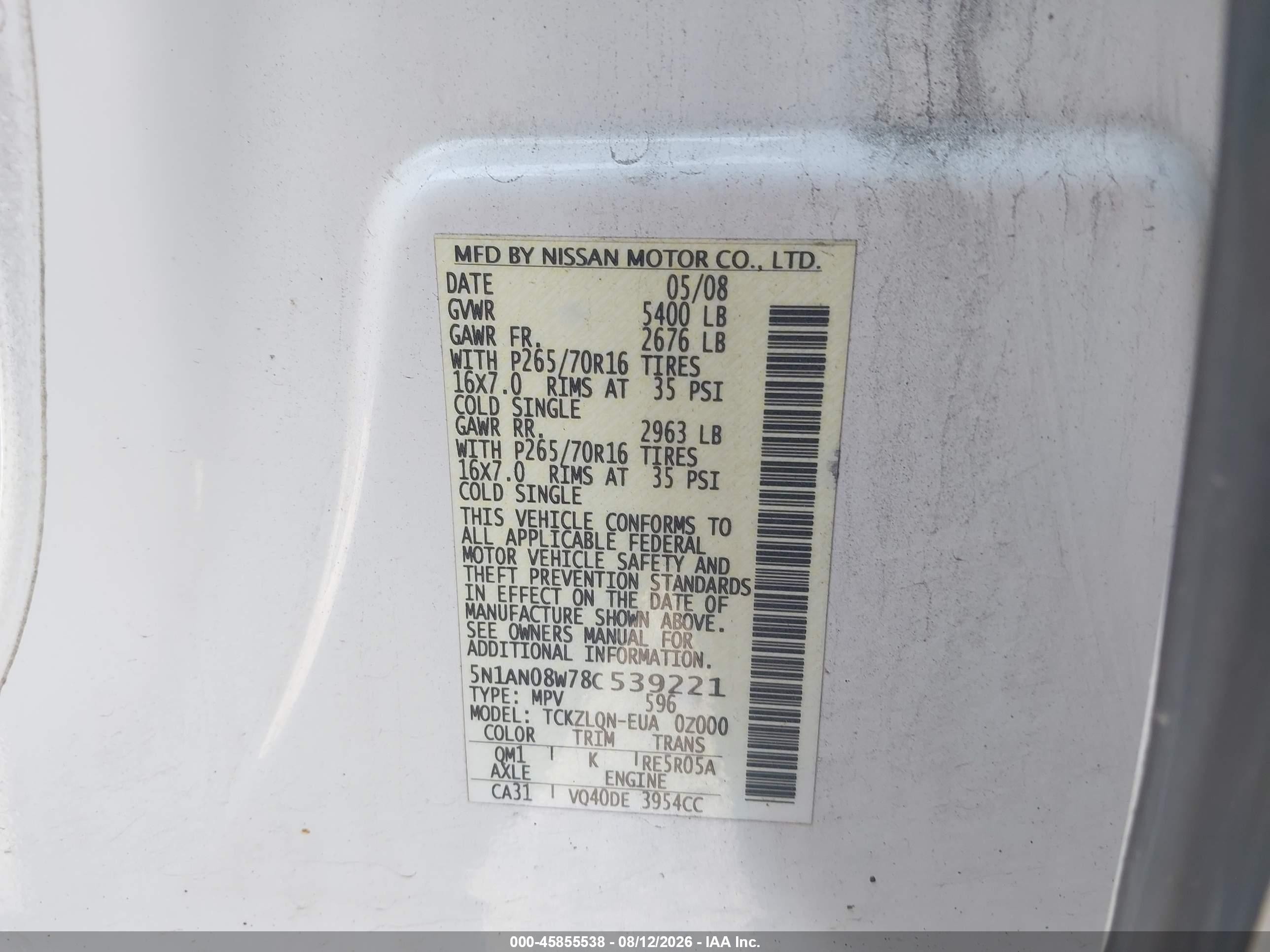 2008 Nissan Xterra X White vin: 5N1AN08W78C539221