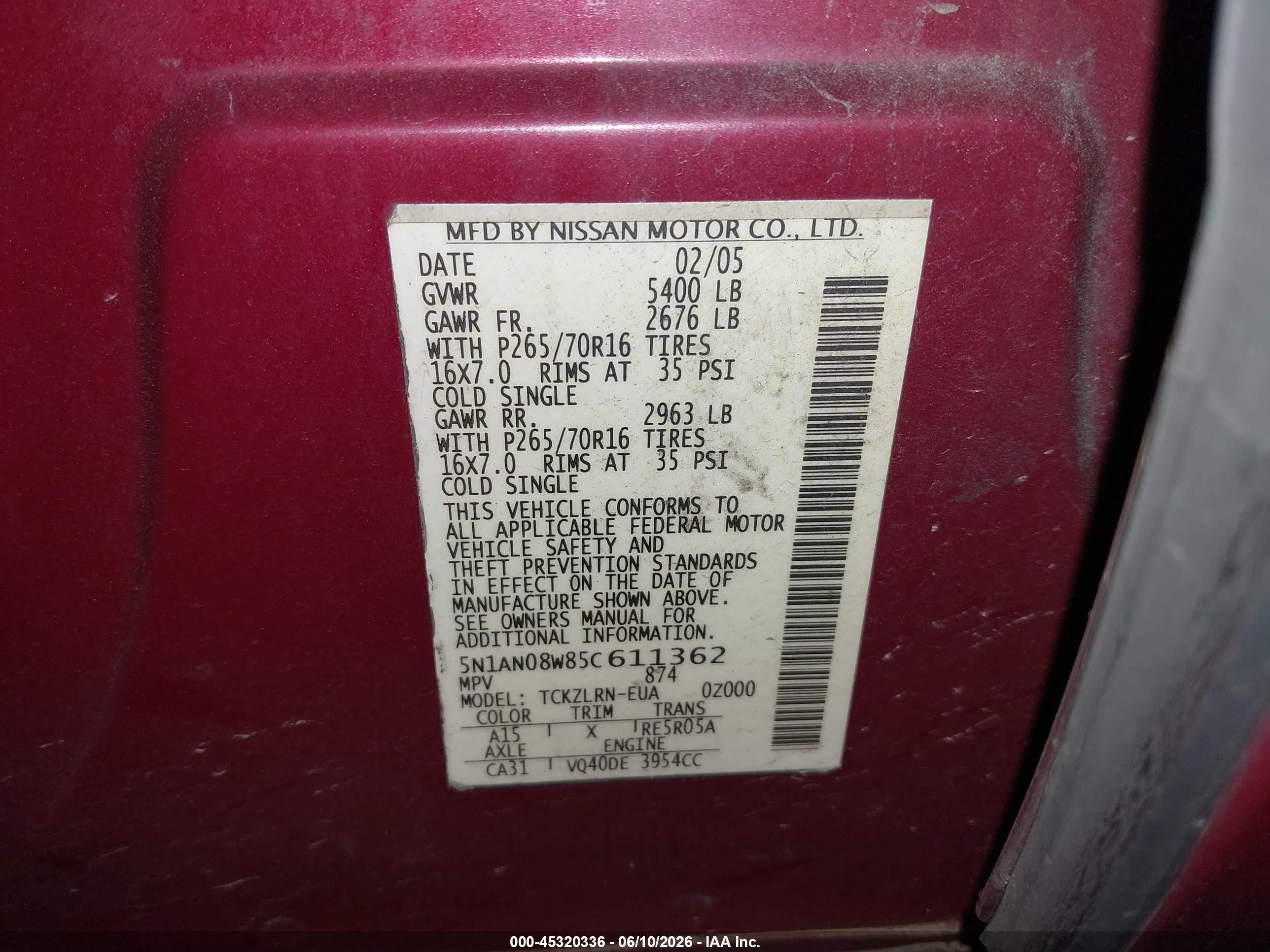 2005 Nissan Xterra S Red vin: 5N1AN08W85C611362