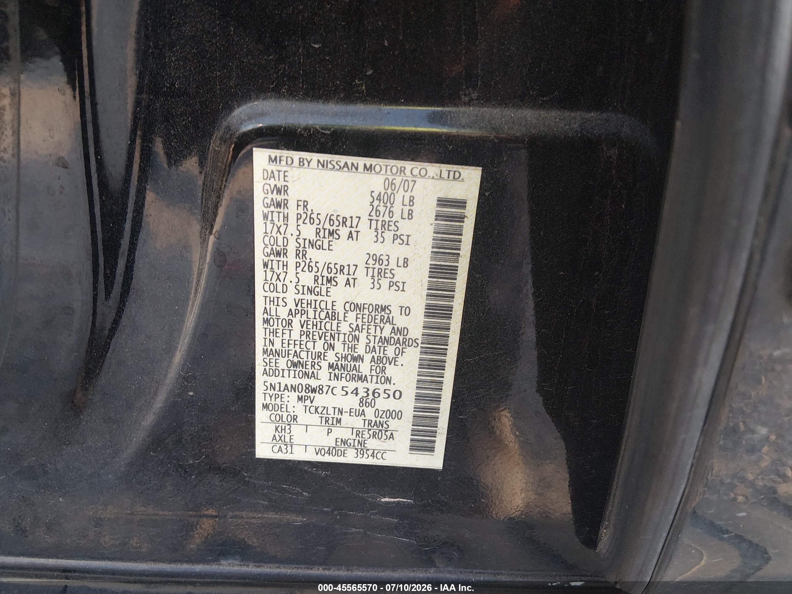 2007 Nissan Xterra Se Черный vin: 5N1AN08W87C543650
