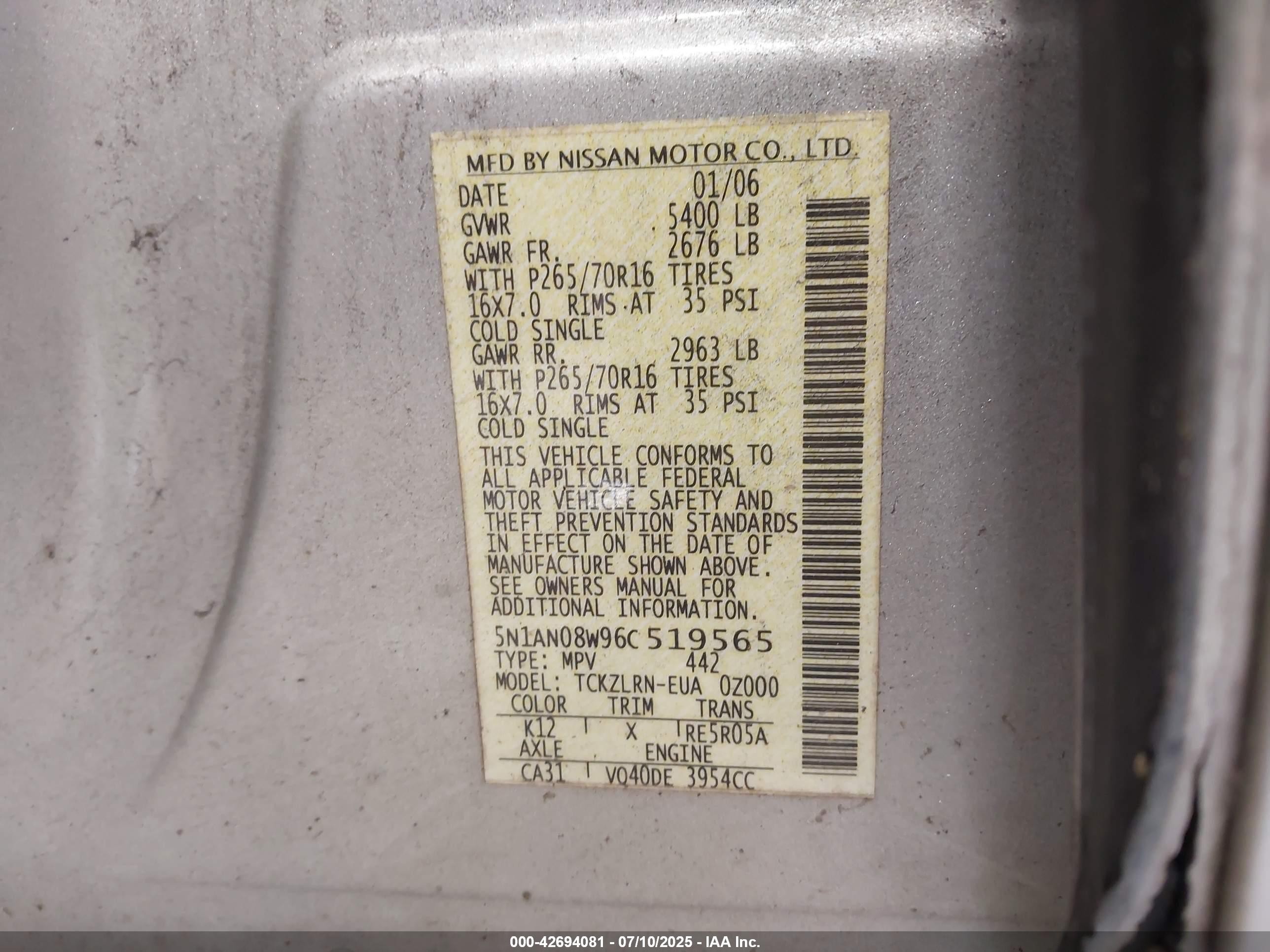 2006 Nissan Xterra S Gray vin: 5N1AN08W96C519565