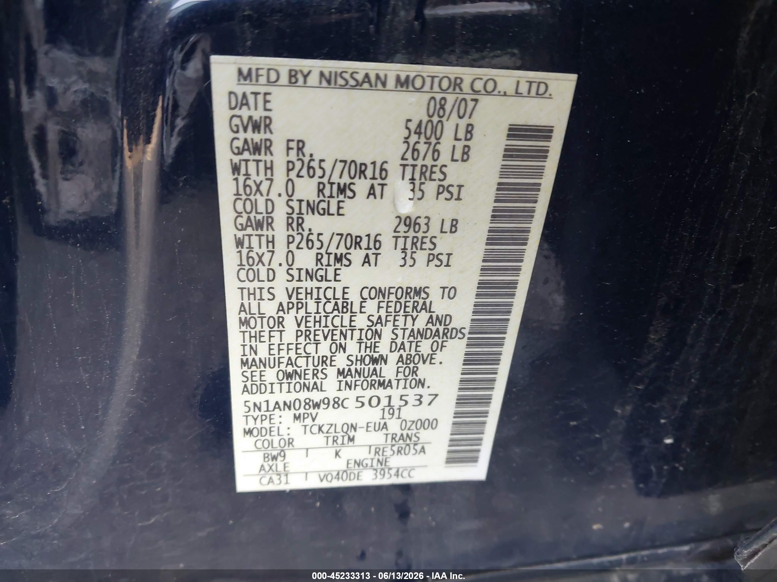 2008 Nissan Xterra X Blue vin: 5N1AN08W98C501537
