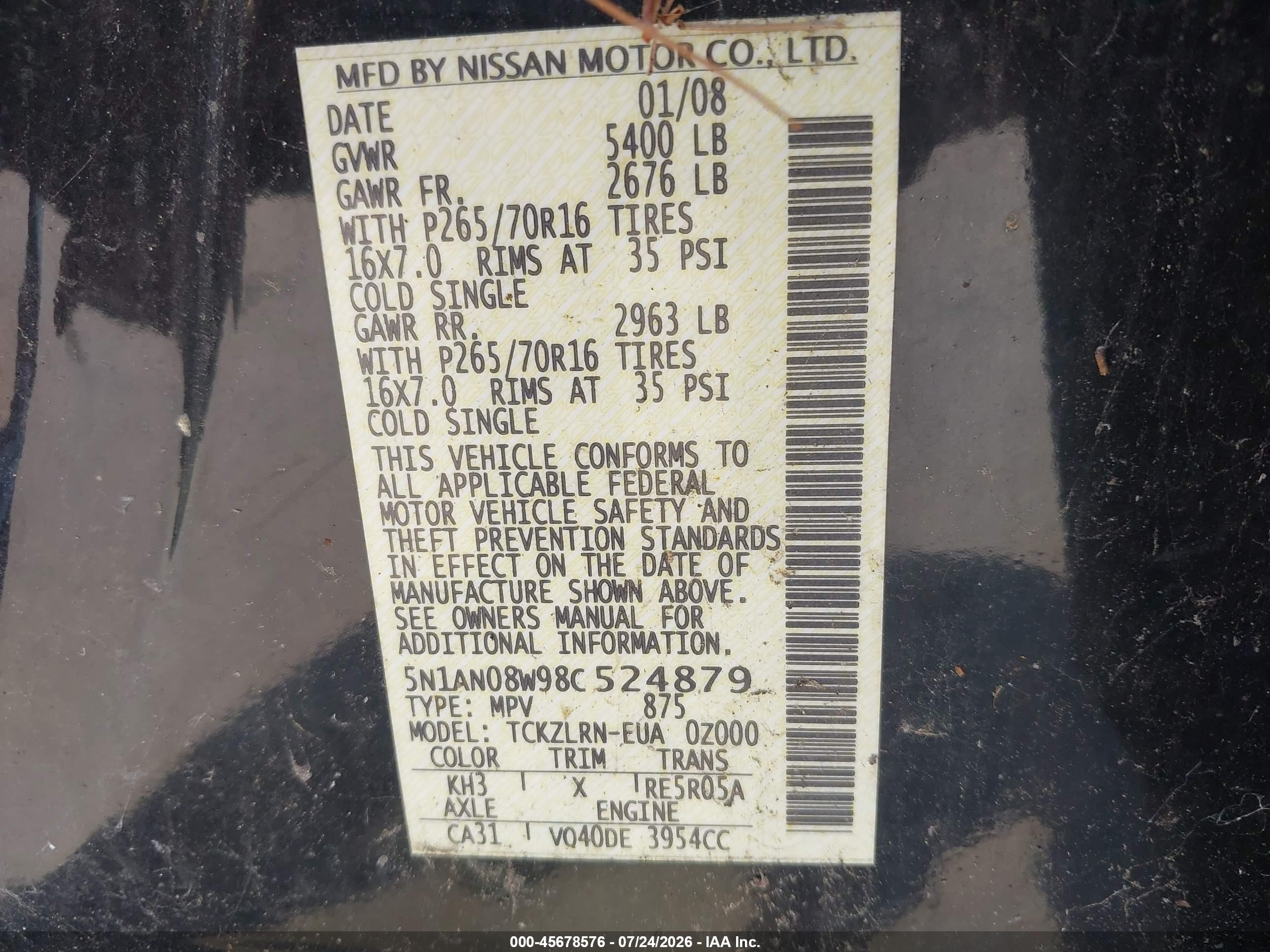 2008 Nissan Xterra S Black vin: 5N1AN08W98C524879