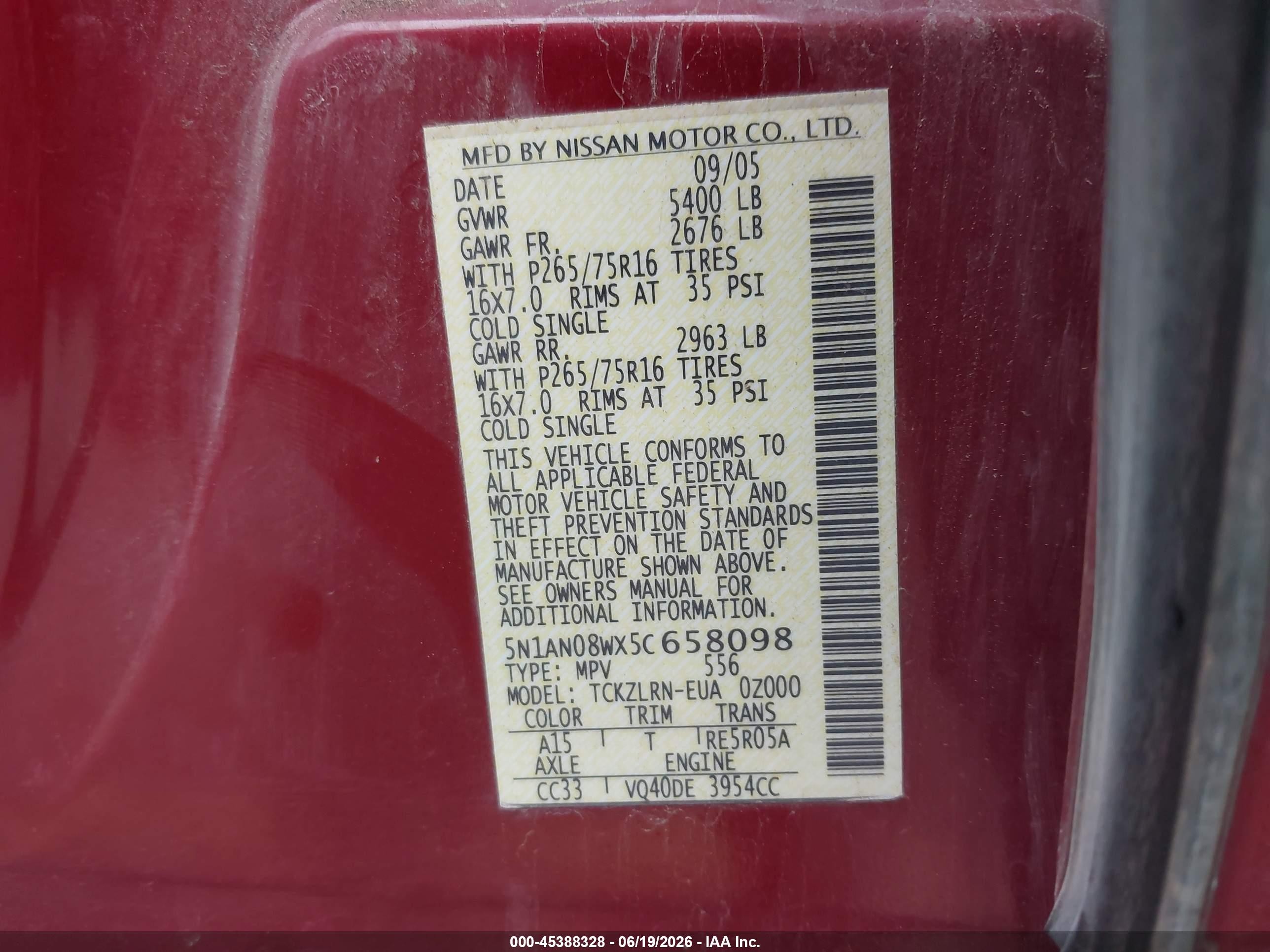 2005 Nissan Xterra Off Road Red vin: 5N1AN08WX5C658098