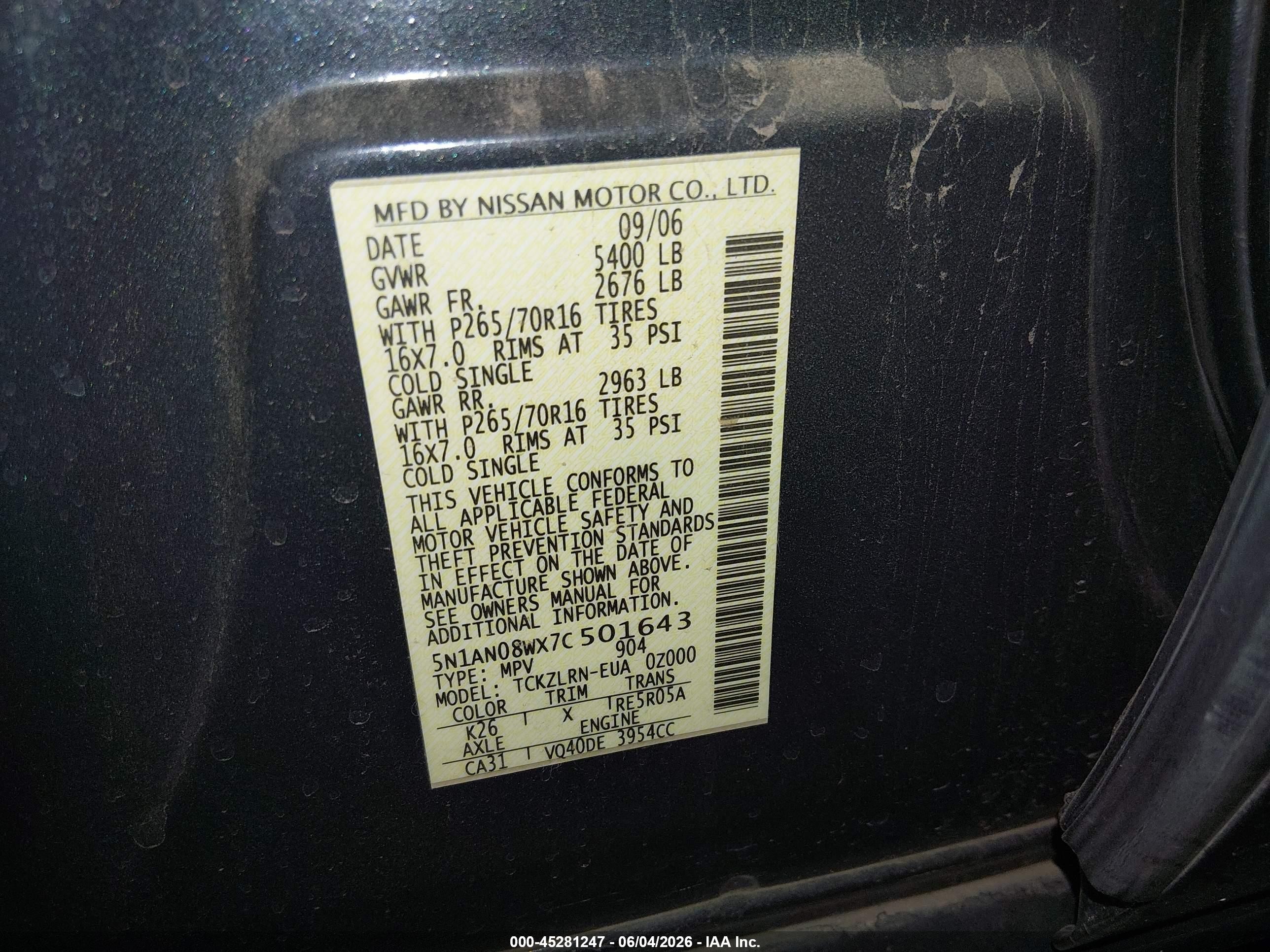2007 Nissan Xterra S Gray vin: 5N1AN08WX7C501643