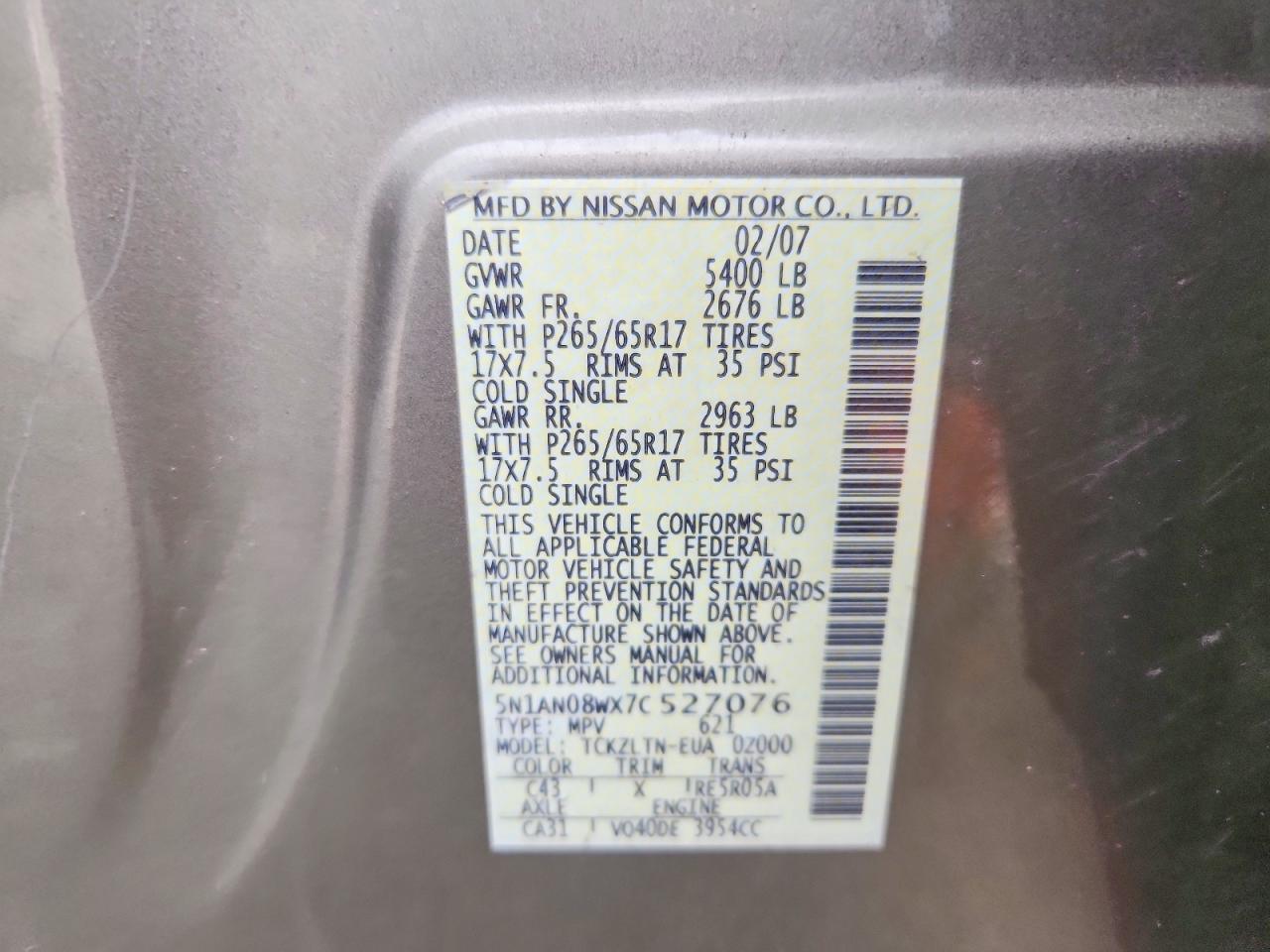 2007 Nissan Xterra Off Road/s/se Gold vin: 5N1AN08WX7C527076