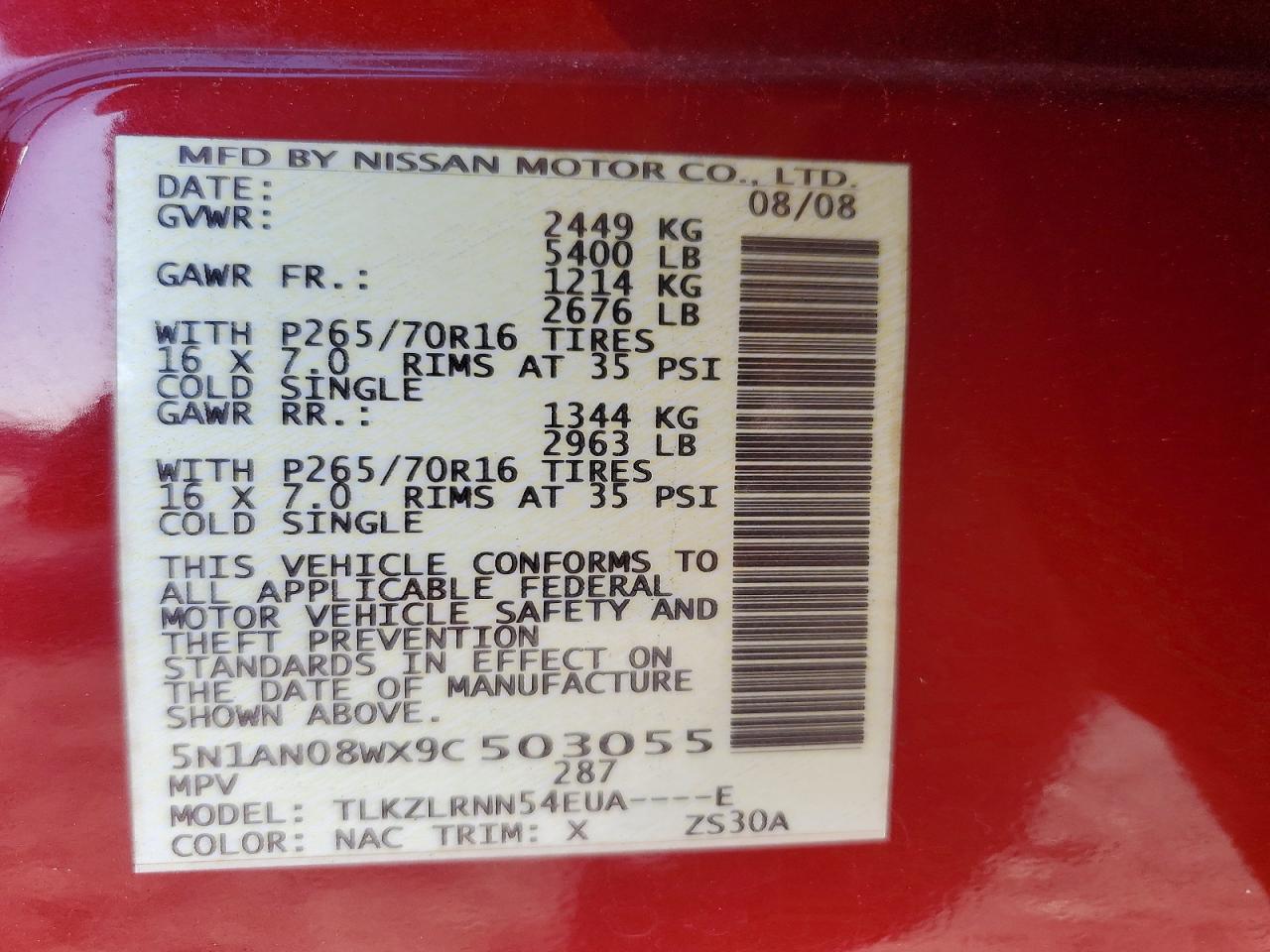 2009 Nissan Xterra X Red vin: 5N1AN08WX9C503055
