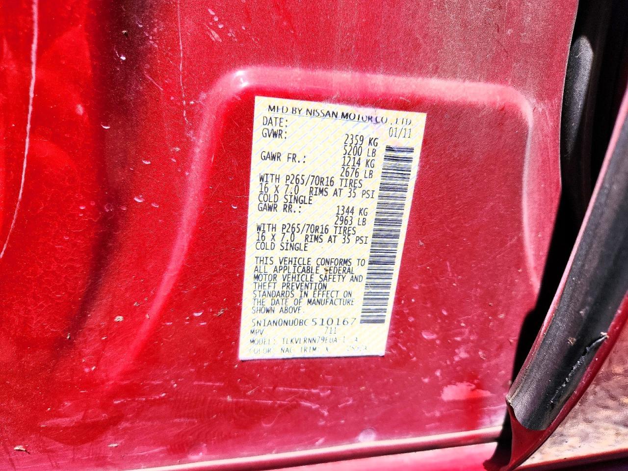 2011 Nissan Xterra X Burgundy vin: 5N1AN0NU0BC510167