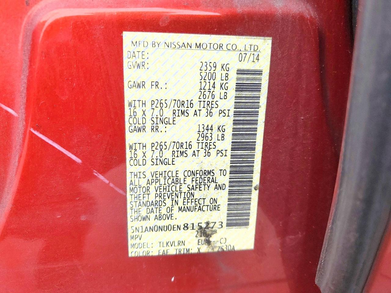 2014 Nissan Xterra S Red vin: 5N1AN0NU0EN815273