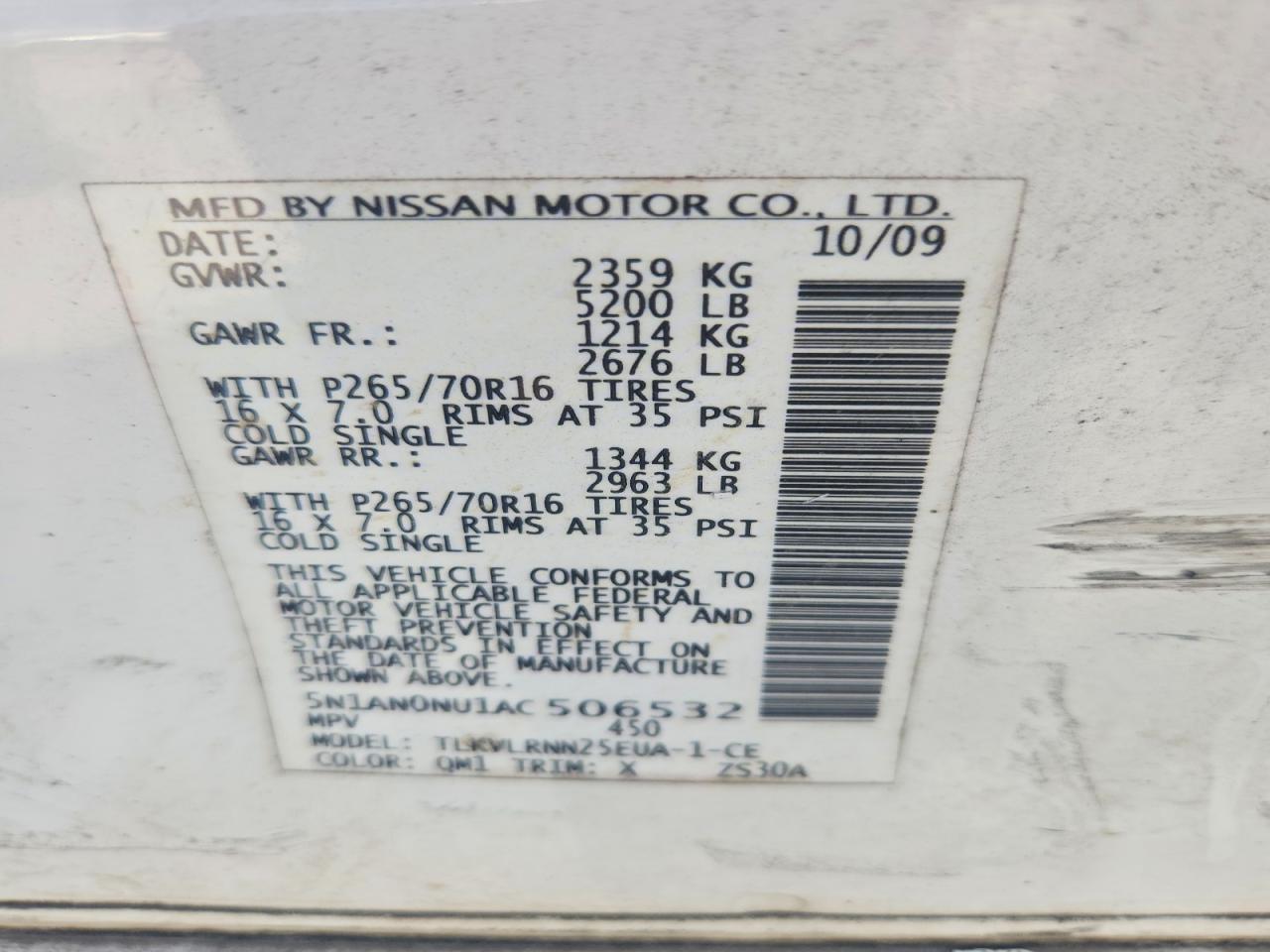 2010 Nissan Xterra X White vin: 5N1AN0NU1AC506532