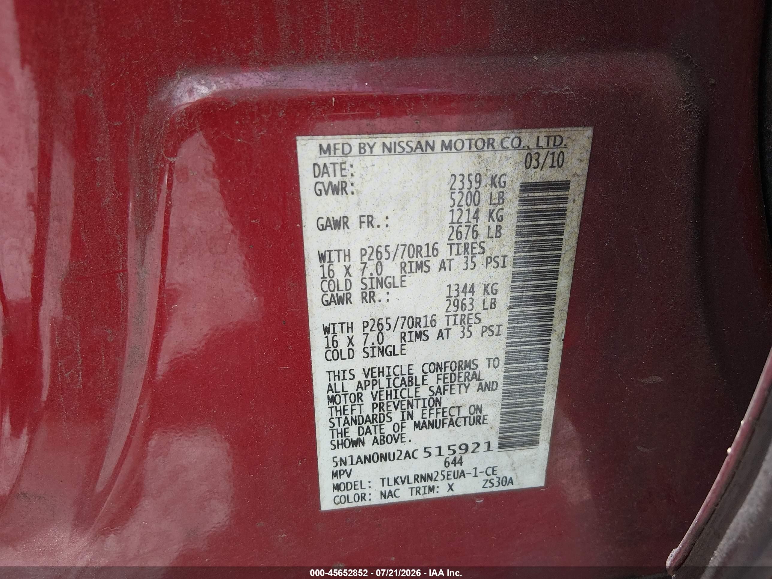 2010 Nissan Xterra S Red vin: 5N1AN0NU2AC515921