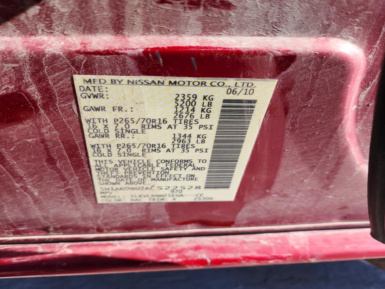 2010 Nissan Xterra X Red vin: 5N1AN0NU2AC522528