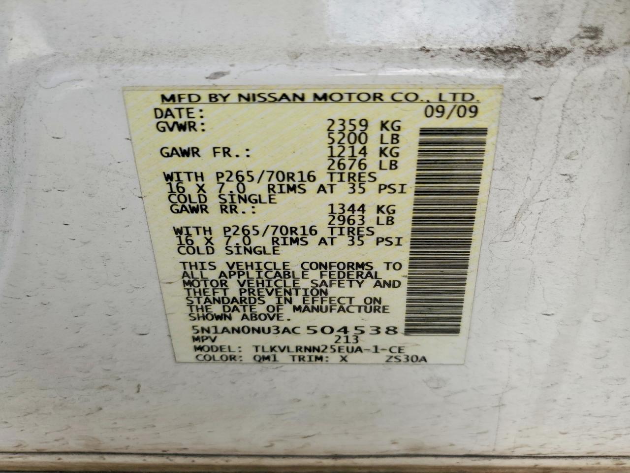 2010 Nissan Xterra Off Road White vin: 5N1AN0NU3AC504538