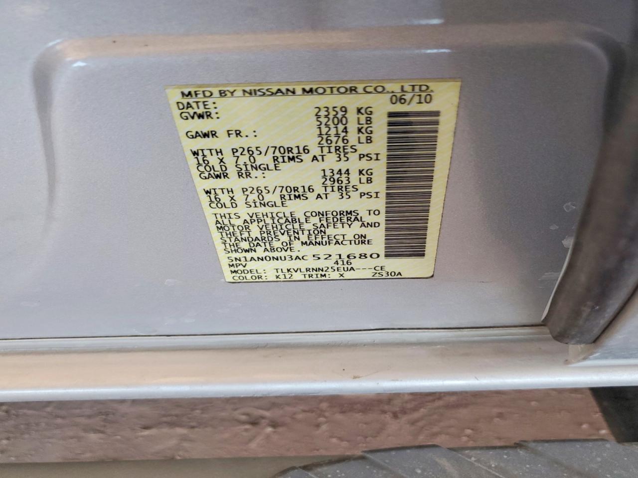 2010 Nissan Xterra X Silver vin: 5N1AN0NU3AC521680