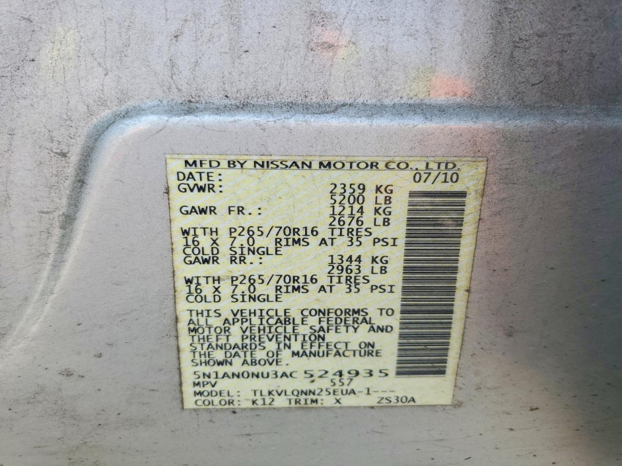 2010 Nissan Xterra Off Road Silver vin: 5N1AN0NU3AC524935