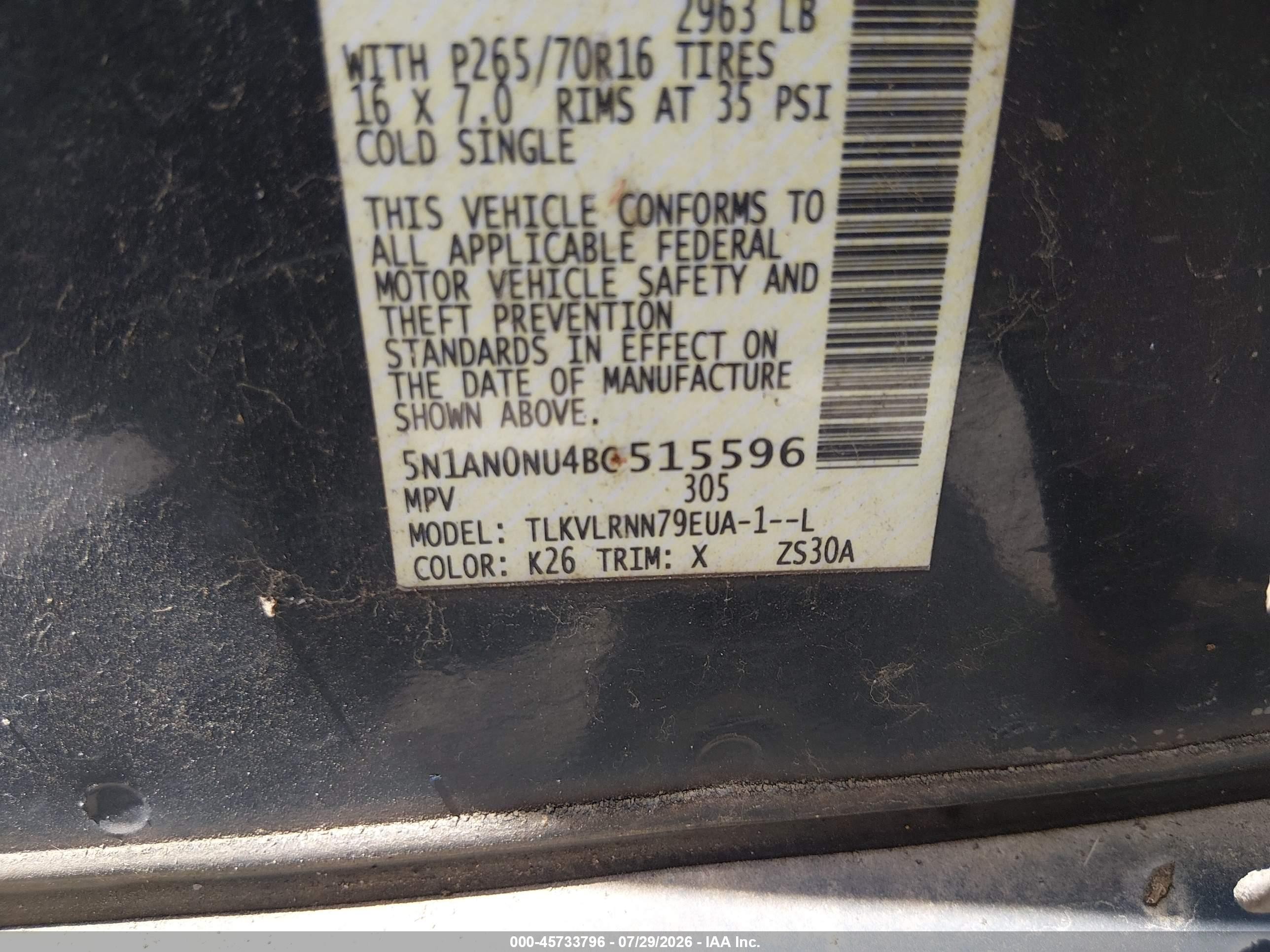 2011 Nissan Xterra S Black vin: 5N1AN0NU4BC515596
