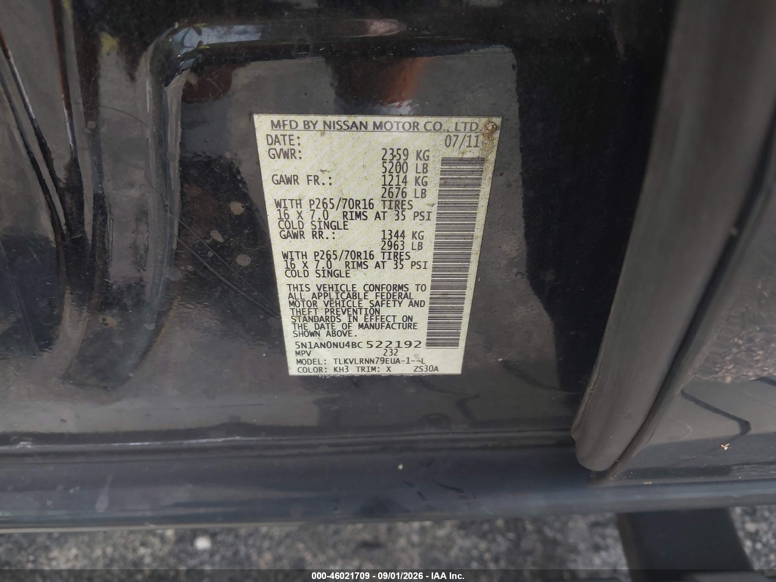 2011 Nissan Xterra S Black vin: 5N1AN0NU4BC522192
