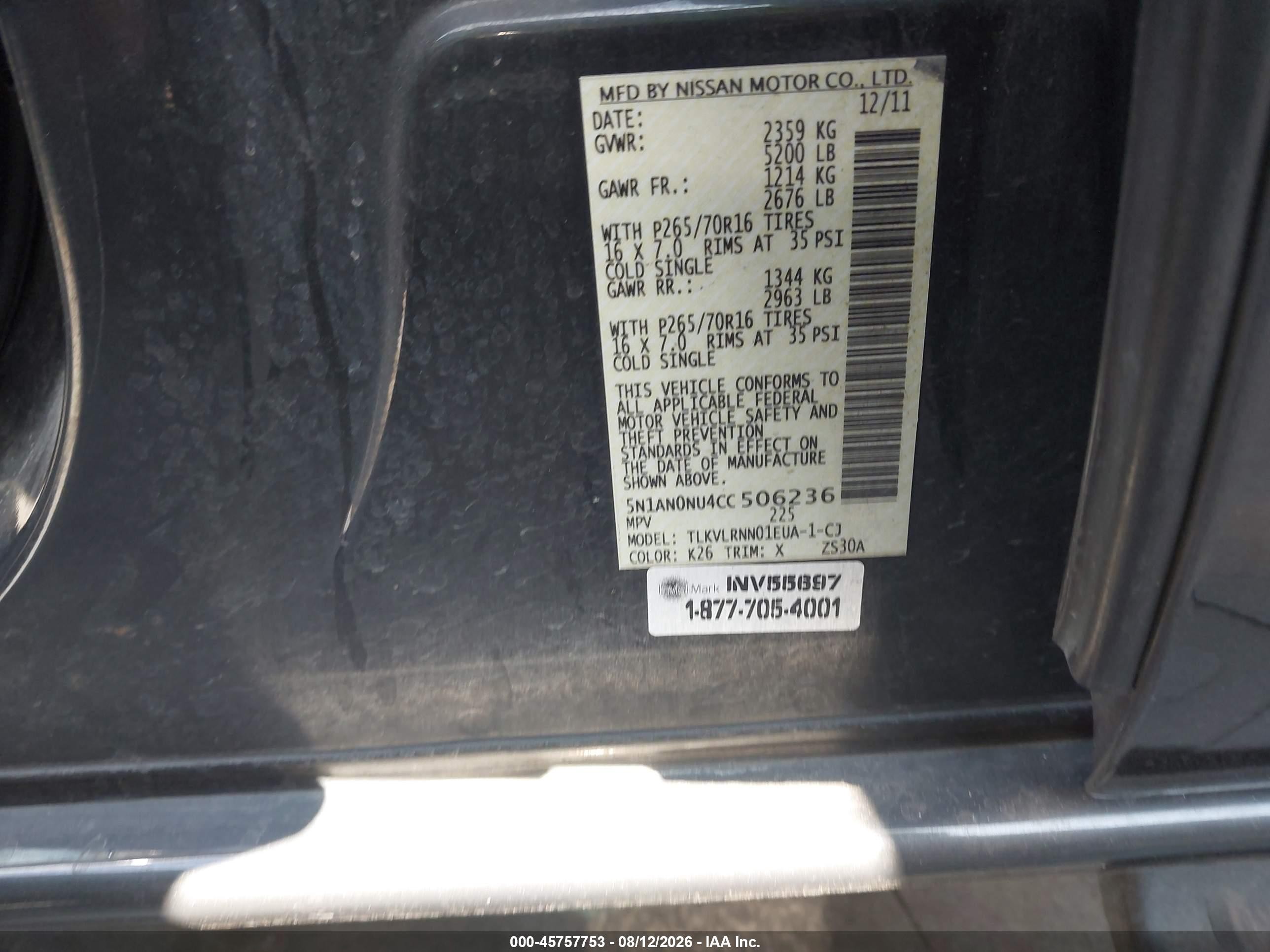2012 Nissan Xterra S Gray vin: 5N1AN0NU4CC506236