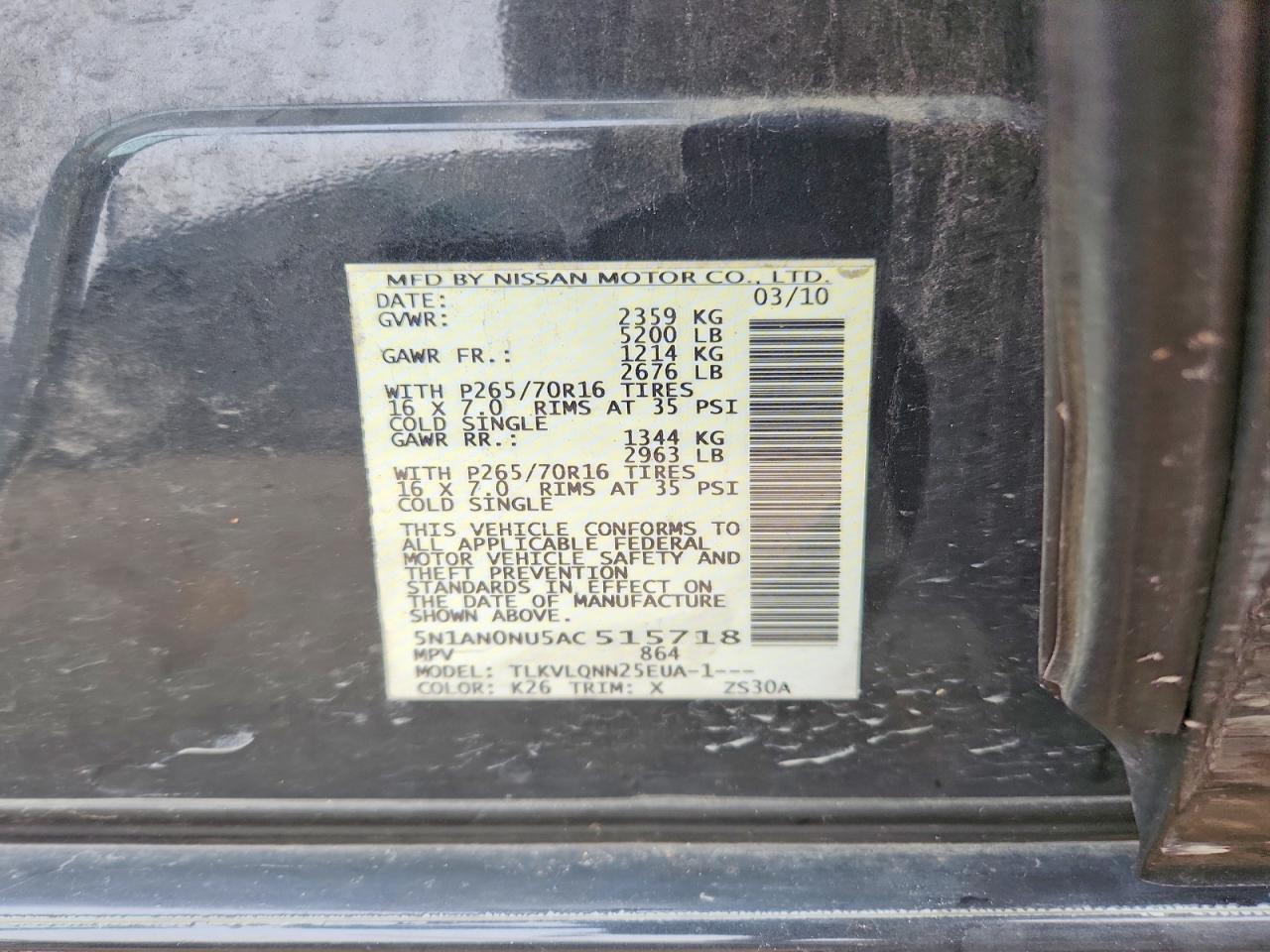 2010 Nissan Xterra X Charcoal vin: 5N1AN0NU5AC515718