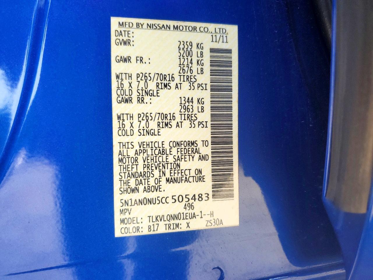 2012 Nissan Xterra X Blue vin: 5N1AN0NU5CC505483