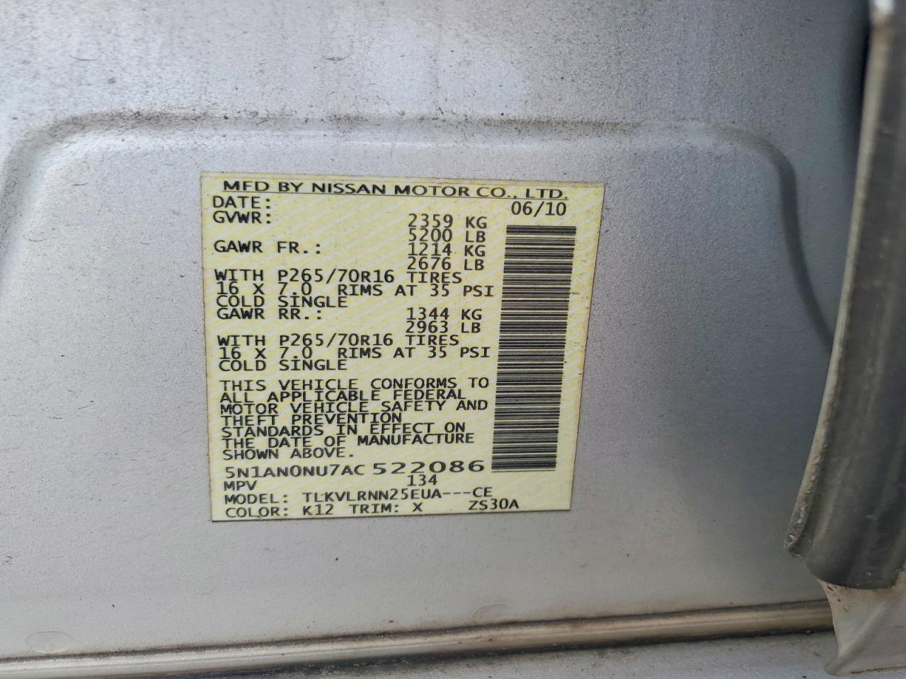 2010 Nissan Xterra X Silver vin: 5N1AN0NU7AC522086