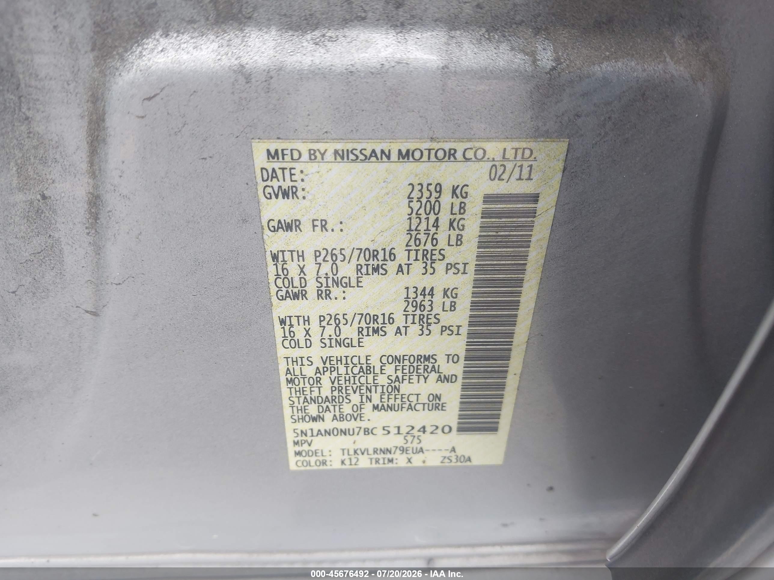 2011 Nissan Xterra S Silver vin: 5N1AN0NU7BC512420