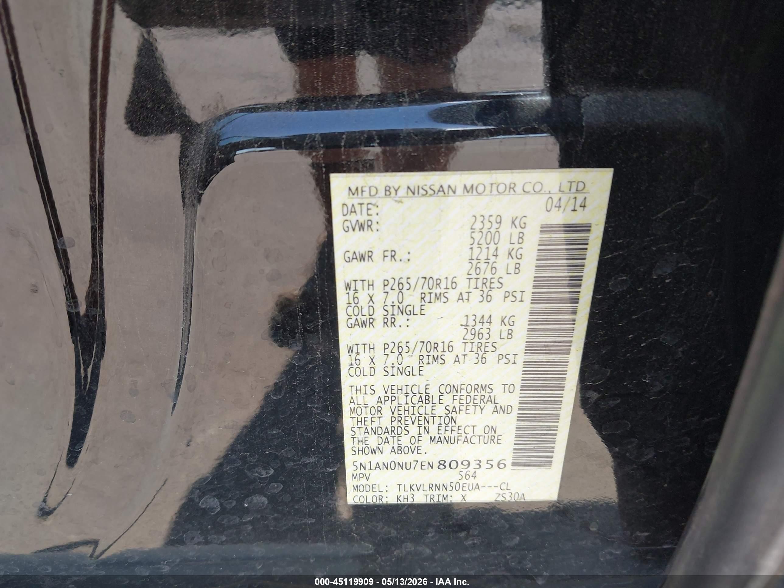2014 Nissan Xterra S Black vin: 5N1AN0NU7EN809356