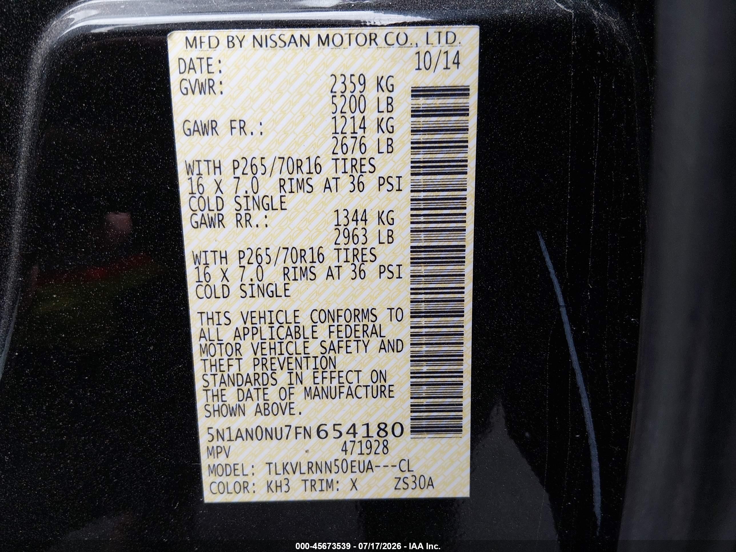 2015 Nissan Xterra S Black vin: 5N1AN0NU7FN654180