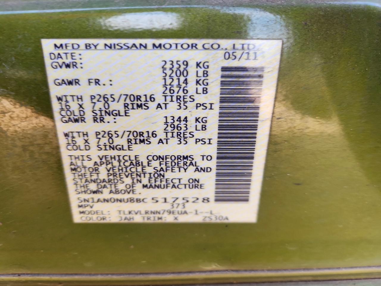 2011 Nissan Xterra X Green vin: 5N1AN0NU8BC517528