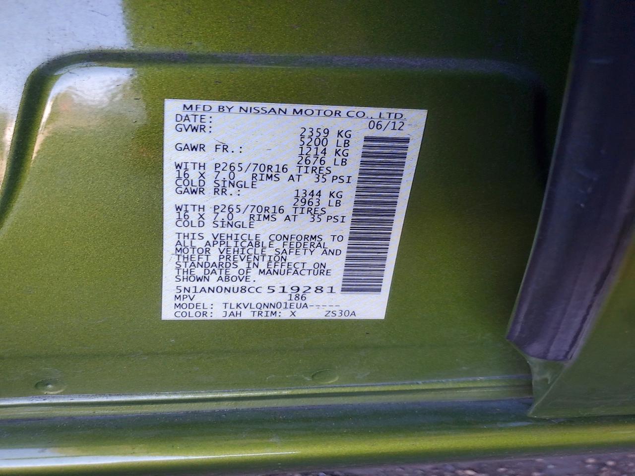 2012 Nissan Xterra X Зеленый vin: 5N1AN0NU8CC519281