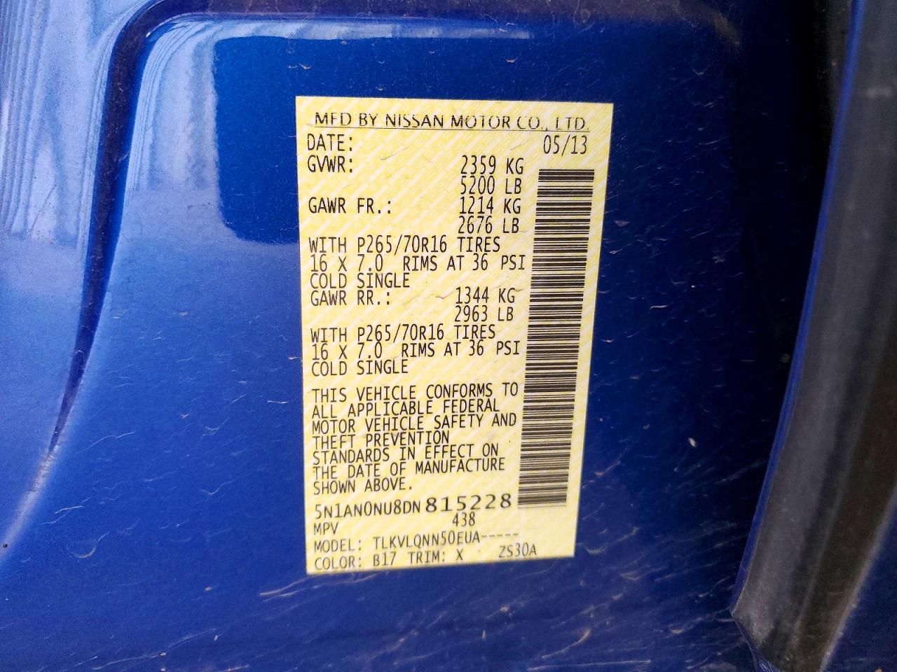 2013 Nissan Xterra X Blue vin: 5N1AN0NU8DN815228